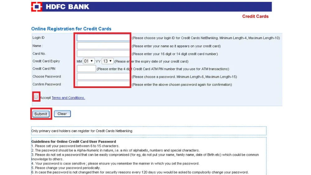 hdfc credit card login